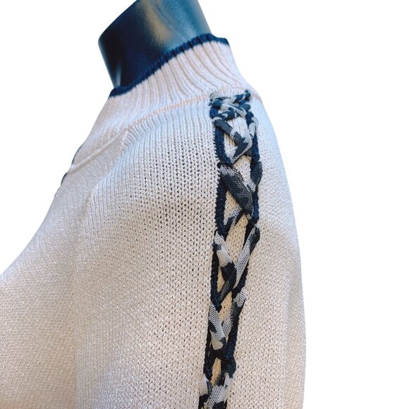 St. John Sport Cream Black Knit Cardigan Zipper Braided Sleeve Detail M - Picture 5 of 10